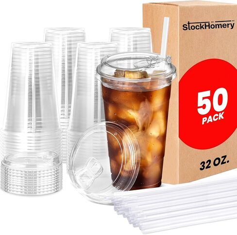 32oz Clear Plastic Cups With Lids & Straws Thick, Reusable, Disposable Iced Coffee Cups for Smoothies, Beer & Any Beverages for Parties, Weddings & Gatherings (50 Sets) in Saudi Arabia