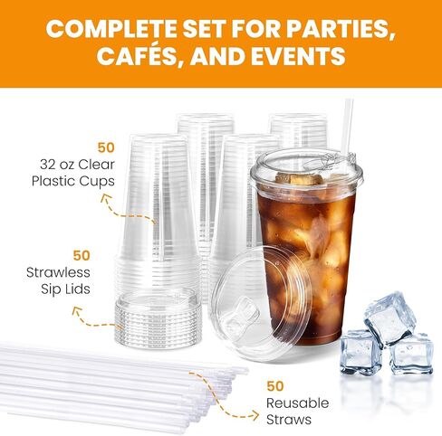 32oz Clear Plastic Cups With Lids & Straws Thick, Reusable, Disposable Iced Coffee Cups for Smoothies, Beer & Any Beverages for Parties, Weddings & Gatherings (50 Sets) in Saudi Arabia