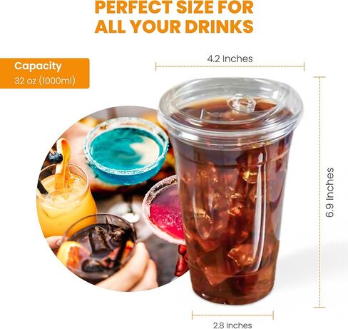 32oz Clear Plastic Cups With Lids & Straws Thick, Reusable, Disposable Iced Coffee Cups for Smoothies, Beer & Any Beverages for Parties, Weddings & Gatherings (50 Sets) in Saudi Arabia