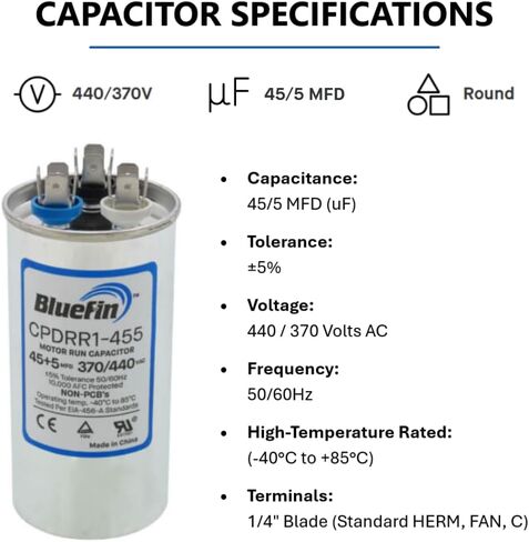 AC مكثف 40/5 MFD 370/440V KIT | جولة مزدوجة تشغيل لمكيف الهواء HVAC | يستبدل CBB65B 97F9849 C4405R E229850 P291-4054RS 12786 | 40+5 UF Motor تشغيل للمكثف والمروحة in Kuwait