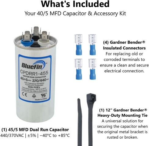 AC مكثف 40/5 MFD 370/440V KIT | جولة مزدوجة تشغيل لمكيف الهواء HVAC | يستبدل CBB65B 97F9849 C4405R E229850 P291-4054RS 12786 | 40+5 UF Motor تشغيل للمكثف والمروحة in Kuwait