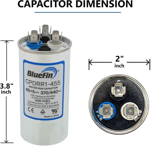 AC مكثف 40/5 MFD 370/440V KIT | جولة مزدوجة تشغيل لمكيف الهواء HVAC | يستبدل CBB65B 97F9849 C4405R E229850 P291-4054RS 12786 | 40+5 UF Motor تشغيل للمكثف والمروحة in Kuwait