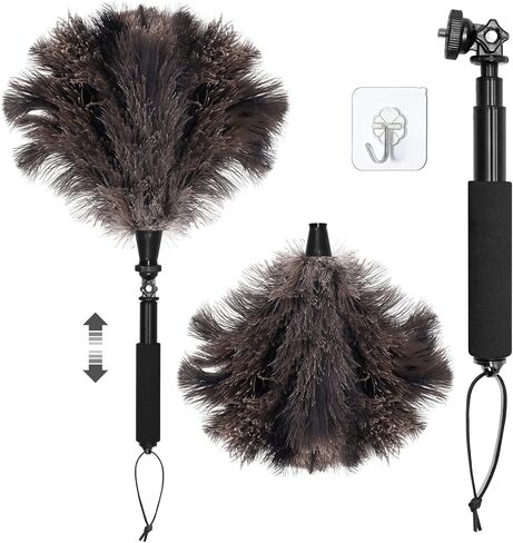 Extendable Ostrich Feather Duster with 17-42 inch Bendable Aluminum Alloy Pole, Natural Fluffy Reusable Feather Duster for Cleaning High Ceilings, Pendant Lamps, Blinds, Furniture and Roof in Saudi Arabia