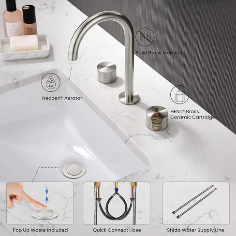 Kibi 2-BANDLE 8 "صنبور حوض الحمام على نطاق واسع مع مجموعة الصرف الصحي ، وصنابير ملحقة من النحاس المكون من 3 حفرة | تصميم دائري X | مقاوم للتآكل مع تدفق المياه الملساء (النيكل المصقول ، KBF1026) in Kuwait
