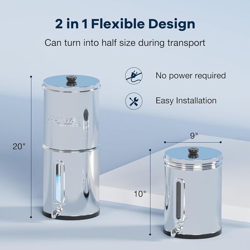 Purewell 2.25G Gravity-fed Water Filter System with 3 Filters, 3-Stage Ultra-Filtration Stainless Steel Countertop System with Water Level Window, Reduce 99% Chlorine, 9,000G Filter Capacity, PW-KS-3C in Kuwait