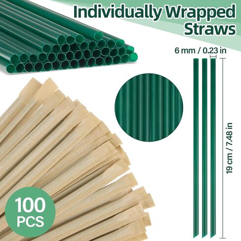 Sukh 100 Pcs Individually Wrapped Straws - Green Plastic Straws Disposable Plastic Drinking Long Individually Paper Wrapped for Home Use Milk Juice Drinks (6 mm) in Saudi Arabia