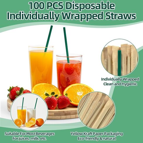 Sukh 100 Pcs Individually Wrapped Straws - Green Plastic Straws Disposable Plastic Drinking Long Individually Paper Wrapped for Home Use Milk Juice Drinks (6 mm) in Saudi Arabia