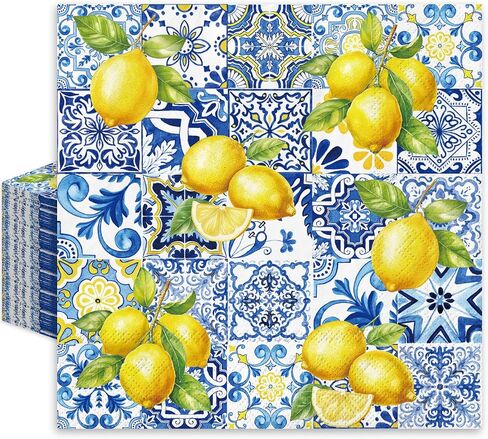 80Pcs Tiles Lemons Paper Napkins Blue Yellow Disposable Napkins Decorative Dinner Napkins Luncheon Napkins for Party Supplies Table Decor in Saudi Arabia