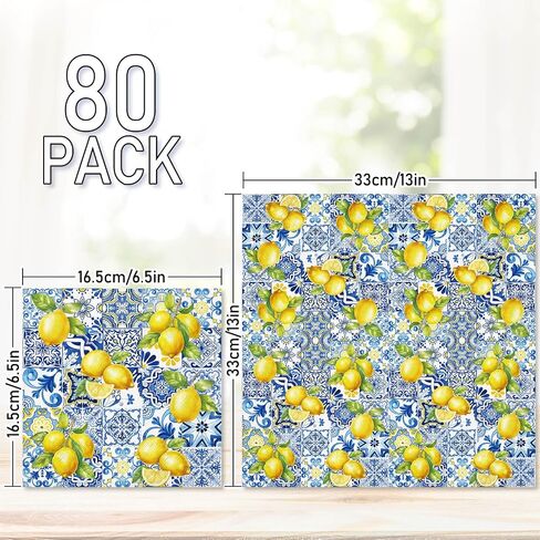 80Pcs Tiles Lemons Paper Napkins Blue Yellow Disposable Napkins Decorative Dinner Napkins Luncheon Napkins for Party Supplies Table Decor in Saudi Arabia