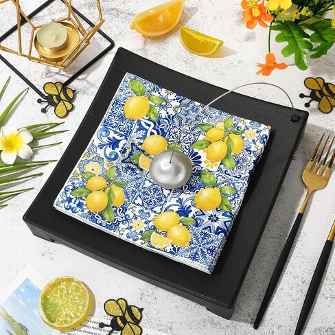 80Pcs Tiles Lemons Paper Napkins Blue Yellow Disposable Napkins Decorative Dinner Napkins Luncheon Napkins for Party Supplies Table Decor in Saudi Arabia