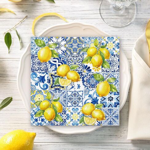 80Pcs Tiles Lemons Paper Napkins Blue Yellow Disposable Napkins Decorative Dinner Napkins Luncheon Napkins for Party Supplies Table Decor in Saudi Arabia