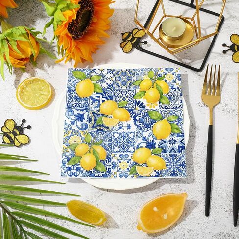 80Pcs Tiles Lemons Paper Napkins Blue Yellow Disposable Napkins Decorative Dinner Napkins Luncheon Napkins for Party Supplies Table Decor in Saudi Arabia