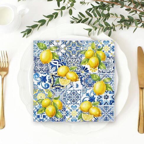 80Pcs Tiles Lemons Paper Napkins Blue Yellow Disposable Napkins Decorative Dinner Napkins Luncheon Napkins for Party Supplies Table Decor in Saudi Arabia
