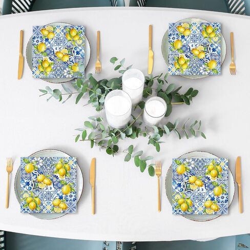 80Pcs Tiles Lemons Paper Napkins Blue Yellow Disposable Napkins Decorative Dinner Napkins Luncheon Napkins for Party Supplies Table Decor in Saudi Arabia