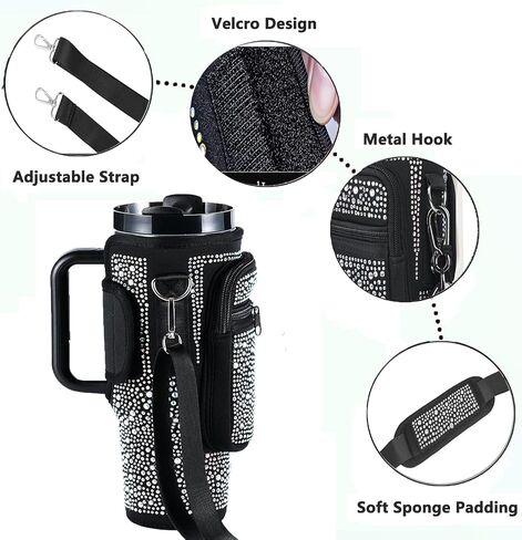 Bling Water Bottle Holder with Adjustable Strap & Straw Cover for Stanley Cup 40 oz Tumbler with Handle, Water Bottle Carrier Bag with Phone Pocket & Carabiner for Stanley Cup Accessories in Saudi Arabia