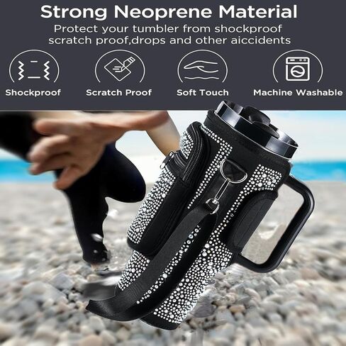Bling Water Bottle Holder with Adjustable Strap & Straw Cover for Stanley Cup 40 oz Tumbler with Handle, Water Bottle Carrier Bag with Phone Pocket & Carabiner for Stanley Cup Accessories in Saudi Arabia