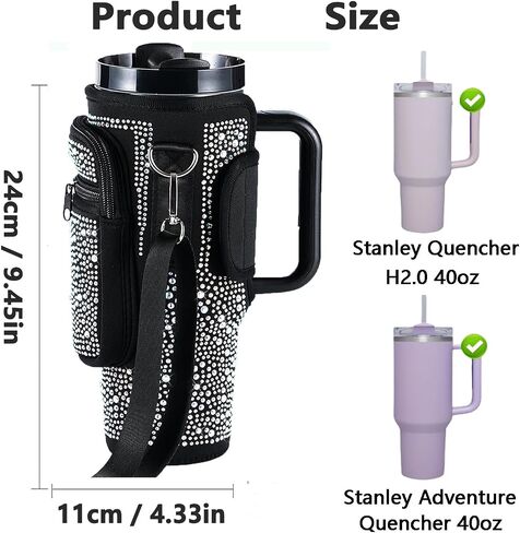 Bling Water Bottle Holder with Adjustable Strap & Straw Cover for Stanley Cup 40 oz Tumbler with Handle, Water Bottle Carrier Bag with Phone Pocket & Carabiner for Stanley Cup Accessories in Saudi Arabia