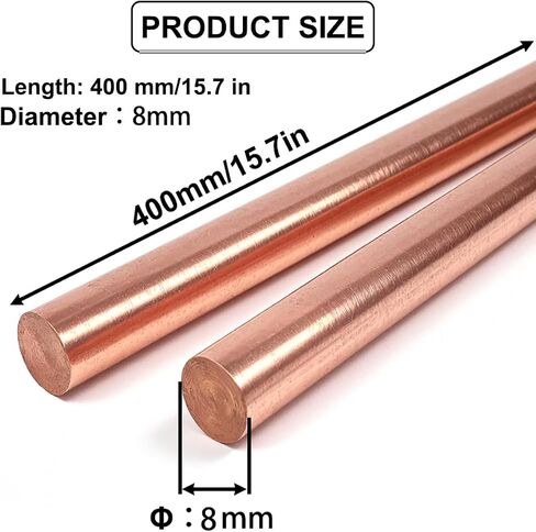 2 PCS Solid C110 Copper Round Rod 8mm × 400mm ، 99.9 ٪ شريط النحاس النقي لمخزون المخرطة ، بناء النماذج ، الموصلية الكهربائية in Kuwait
