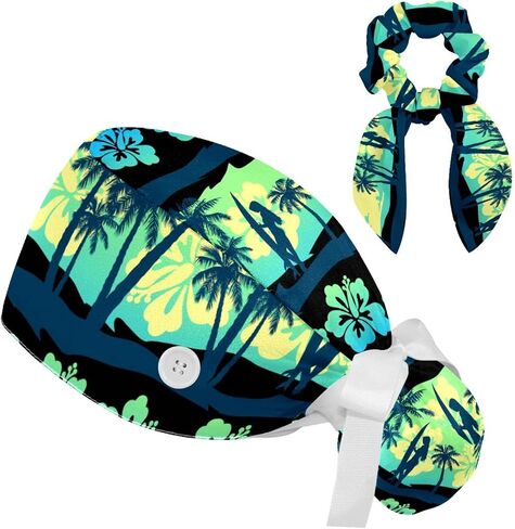 Tropical Frangipani Green Hawaii Scrub Caps Surgical Women with Button Adjustable Hats Surgical Caps with Scrunchie for Women in Saudi Arabia
