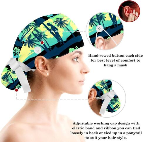 Tropical Frangipani Green Hawaii Scrub Caps Surgical Women with Button Adjustable Hats Surgical Caps with Scrunchie for Women in Saudi Arabia