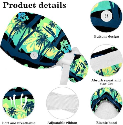 Tropical Frangipani Green Hawaii Scrub Caps Surgical Women with Button Adjustable Hats Surgical Caps with Scrunchie for Women in Saudi Arabia