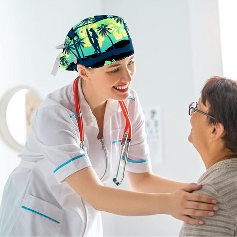 Tropical Frangipani Green Hawaii Scrub Caps Surgical Women with Button Adjustable Hats Surgical Caps with Scrunchie for Women in Saudi Arabia