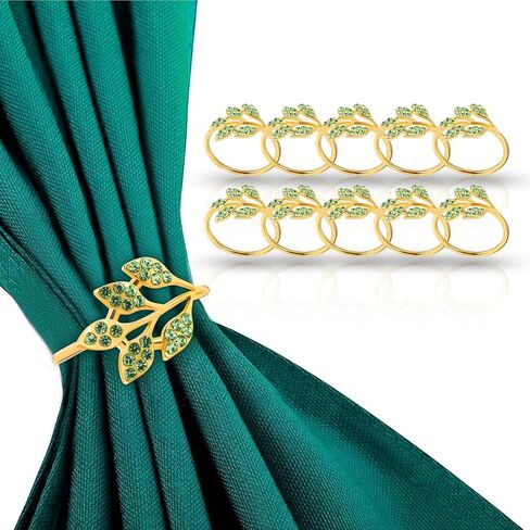 Gold Napkin Rings Set of 10,Napkin Rings Holder Buckles,Thanksgiving Christmas Napkin Ring Alloy Leaf Diamonds Napkin Ring for Dining Table Decor Wedding,Dinner Party Decorations Green Diamonds 10pcs in Saudi Arabia
