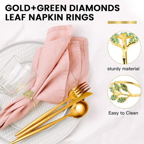 Gold Napkin Rings Set of 10,Napkin Rings Holder Buckles,Thanksgiving Christmas Napkin Ring Alloy Leaf Diamonds Napkin Ring for Dining Table Decor Wedding,Dinner Party Decorations Green Diamonds 10pcs in Saudi Arabia