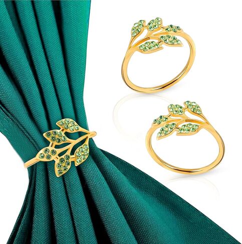 Gold Napkin Rings Set of 10,Napkin Rings Holder Buckles,Thanksgiving Christmas Napkin Ring Alloy Leaf Diamonds Napkin Ring for Dining Table Decor Wedding,Dinner Party Decorations Green Diamonds 10pcs in Saudi Arabia