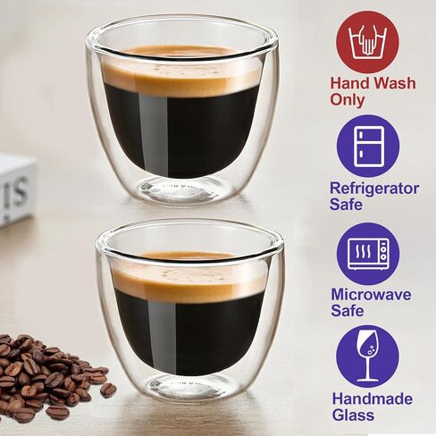 Double Wall Expresso Cups (Set of 2), 3 Ounce Glass Espresso Mugs - Clear, Double Walled, Insulated, Small Demitasse Cups for Espresso Machine - Microwave Safe in Saudi Arabia