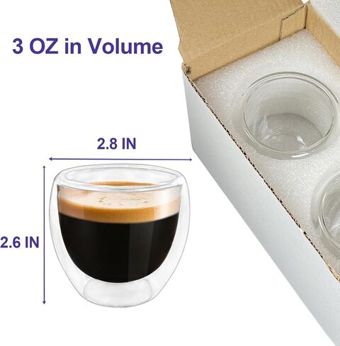Double Wall Expresso Cups (Set of 2), 3 Ounce Glass Espresso Mugs - Clear, Double Walled, Insulated, Small Demitasse Cups for Espresso Machine - Microwave Safe in Saudi Arabia