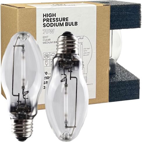 LU70/MED High Pressure Sodium Light Bulb, 70 Watts, ED17/MED, Medium Base (E26), ANSI Code S62, 6500 Lumen, 24000 Life Hours, Clear Bulb, 2100K, 2 Pack in Saudi Arabia