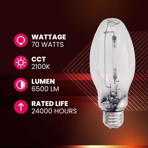 LU70/MED High Pressure Sodium Light Bulb, 70 Watts, ED17/MED, Medium Base (E26), ANSI Code S62, 6500 Lumen, 24000 Life Hours, Clear Bulb, 2100K, 2 Pack in Saudi Arabia