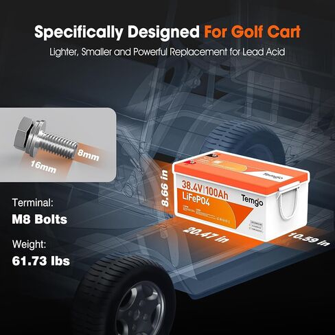 36V (38.4V) 100Ah LiFePO4 Lithium Golf Cart Battery, Built-in 200A BMS, Complete Upgrade Kit with Charger, LCD Display, Voltage Converter, Retention Strap & App, 5000+ Cycles in Kuwait