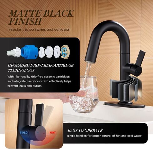 Matte Black Bathroom Sink Faucet 1 Or 3 Hole,Single Handle Bathroom Faucets with 2 Spray Function，360° Swivel Spout for Vanity Sink Faucet.Includes Deck Plate, Copper Pop-Up Drain in Saudi Arabia