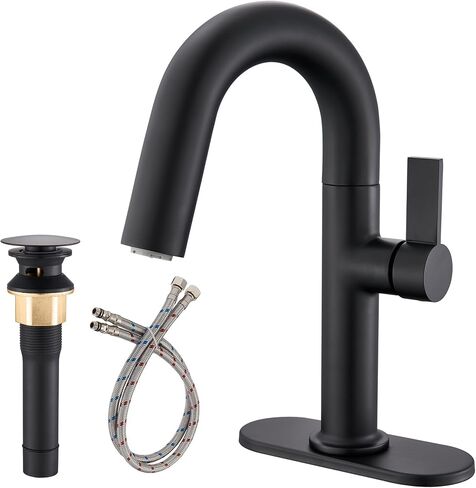 Matte Black Bathroom Sink Faucet 1 Or 3 Hole,Single Handle Bathroom Faucets with 2 Spray Function，360° Swivel Spout for Vanity Sink Faucet.Includes Deck Plate, Copper Pop-Up Drain in Saudi Arabia