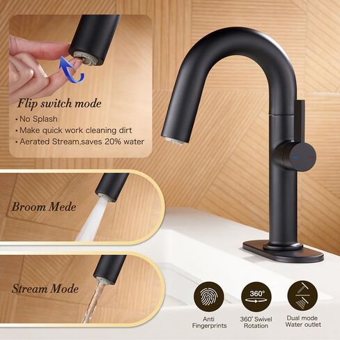 Matte Black Bathroom Sink Faucet 1 Or 3 Hole,Single Handle Bathroom Faucets with 2 Spray Function，360° Swivel Spout for Vanity Sink Faucet.Includes Deck Plate, Copper Pop-Up Drain in Saudi Arabia