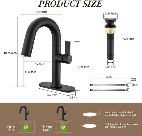 Matte Black Bathroom Sink Faucet 1 Or 3 Hole,Single Handle Bathroom Faucets with 2 Spray Function，360° Swivel Spout for Vanity Sink Faucet.Includes Deck Plate, Copper Pop-Up Drain in Saudi Arabia