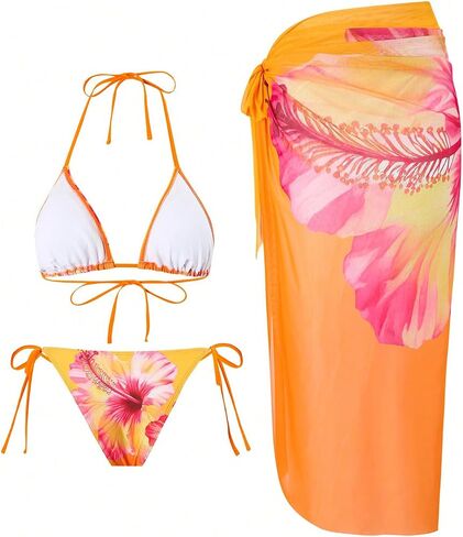 SOLY HUX Women's Bathing Suits 3 Piece Swimsuits Floral Halter High Cut Bikini Set with Mesh Coverup Wrap Skirts in Saudi Arabia