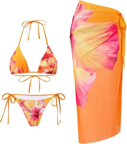 SOLY HUX Women's Bathing Suits 3 Piece Swimsuits Floral Halter High Cut Bikini Set with Mesh Coverup Wrap Skirts in Saudi Arabia