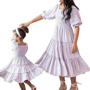 Mommy and Me Dresses Matching Set Summer Boho Dress Square Neck Ruffle Sleeves Floral Tiered Dress for Women and Girls