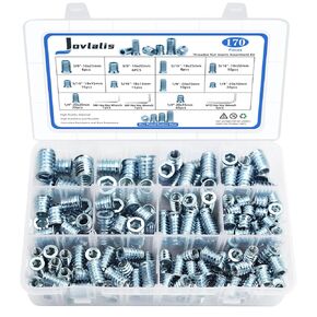 170 PCS Threaded Inserts Nuts, 10 Sizes-1/4"-20, 5/16"-18, 3/8"-16 Wood Inserts Assortment Kit, Steel Threaded Inserts for Wood Furniture Screw Threaded Inserts Kit with 3 PCS Hex Wrench