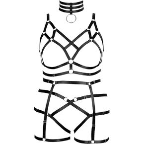 Plus Size Women's Body Harness Strap Full Hollow Out Cage Bra Leg Stockings Garter Belt Set Fat Woman Gothic Clothing