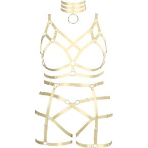 Plus Size Women's Body Harness Strap Full Hollow Out Cage Bra Leg Stockings Garter Belt Set Fat Woman Gothic Clothing