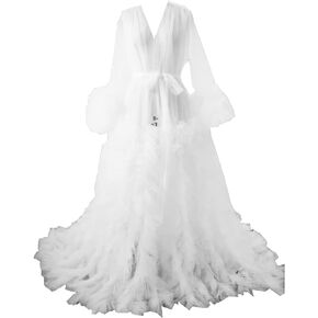 Tulle Robe Maternity Dresses Photoshoot Long Sheer Bridal Robe Old Hollywood Robe Ruffled Train in Kuwait