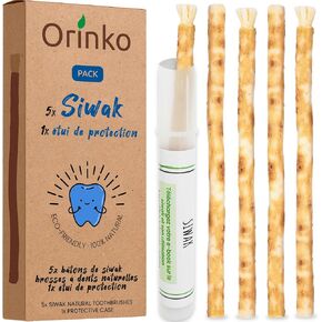 5 Miswak Sticks for Teeth + Protection Holder - 100% Natural Miswak Toothbrush - Cleaning, Disinfecting and Whitening - Salvadora Persica Stick Ecological, Biodegradable and Vegan - Ebook Provided in Saudi Arabia
