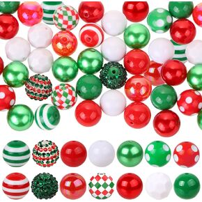 50Pcs 20mm Christmas Bubblegum Beads,14 Styles Mixed Jumbo Plastic Beads Colorful Chunky Beads Christmas Acrylic Beads Loose Round Spacer Bead Pen Beads for DIY Jewelry Making Boutique Craft Supplies