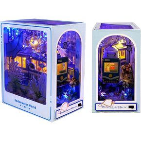 3D Wooden Book Stand Puzzle,DIY Book Nook Kits,Dollhouse Wood Bookends Book Nook Model Building Kit with LED to Build-Creativity Gift for Christmas Idea(Underwater World)