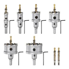 6pcs Carbide Hole Saw Kit 5/8"- 2-3/8" TCT (Tungsten Carbide Tipped) Hole Saw Cutter Set with 2pcs Extra Titanium Plated Drill Bits for Stainless Steel Hard Metal Plastic