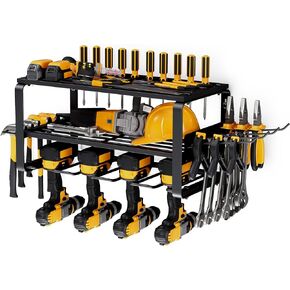 3 Layer Power Tool Holder 4 Drill Organizer Wall Mount Heavy Duty Metal Power Tool Storage Rack Garage Tool Organizer and Storage with Screwdriver Holder, Plier and Hammer Holder